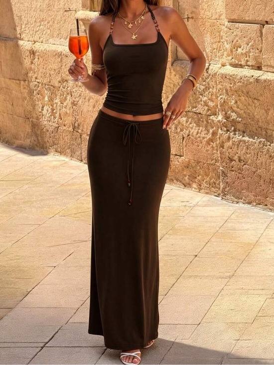 Gaovot Other - Women's Brown Drawstring Maxi Skirt Set – Sleek Halter Top & Skirt